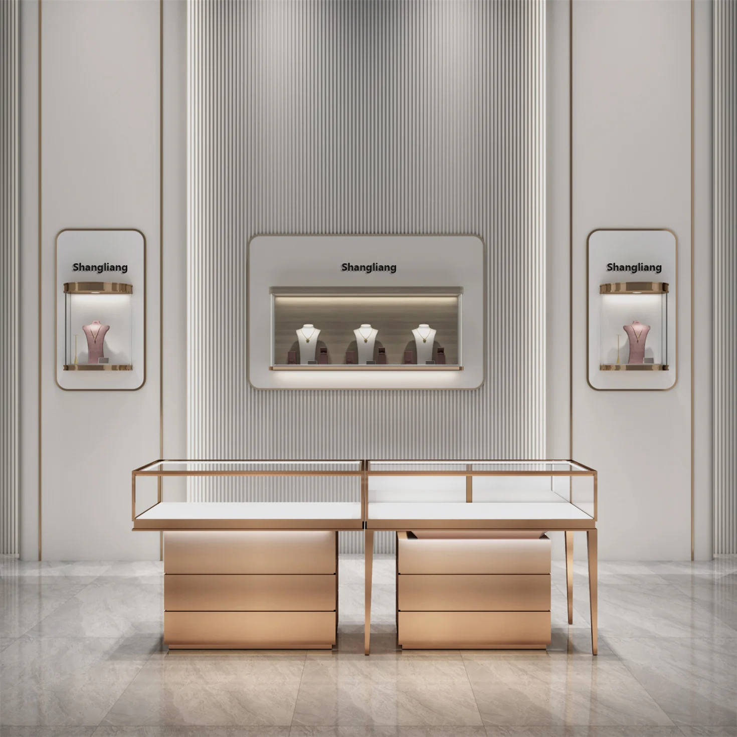 2023 Modern Luxury Decoration Jewellery Showroom Counter Design Interior with led light glass jewelry display showcase