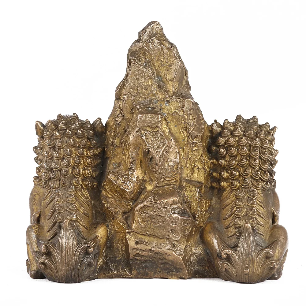 Handmade Indian Brass Antique Bronze Pair of Chinese Lions Sculptures Figurine Statue Home Decor Gift Items 11 x 9 cm SNC-69