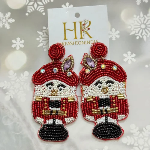 Bulk Festive Nutcracker Doll and Ribbon Christmas Beaded Earrings for Wholesale - Holiday-themed Fashion Accessories