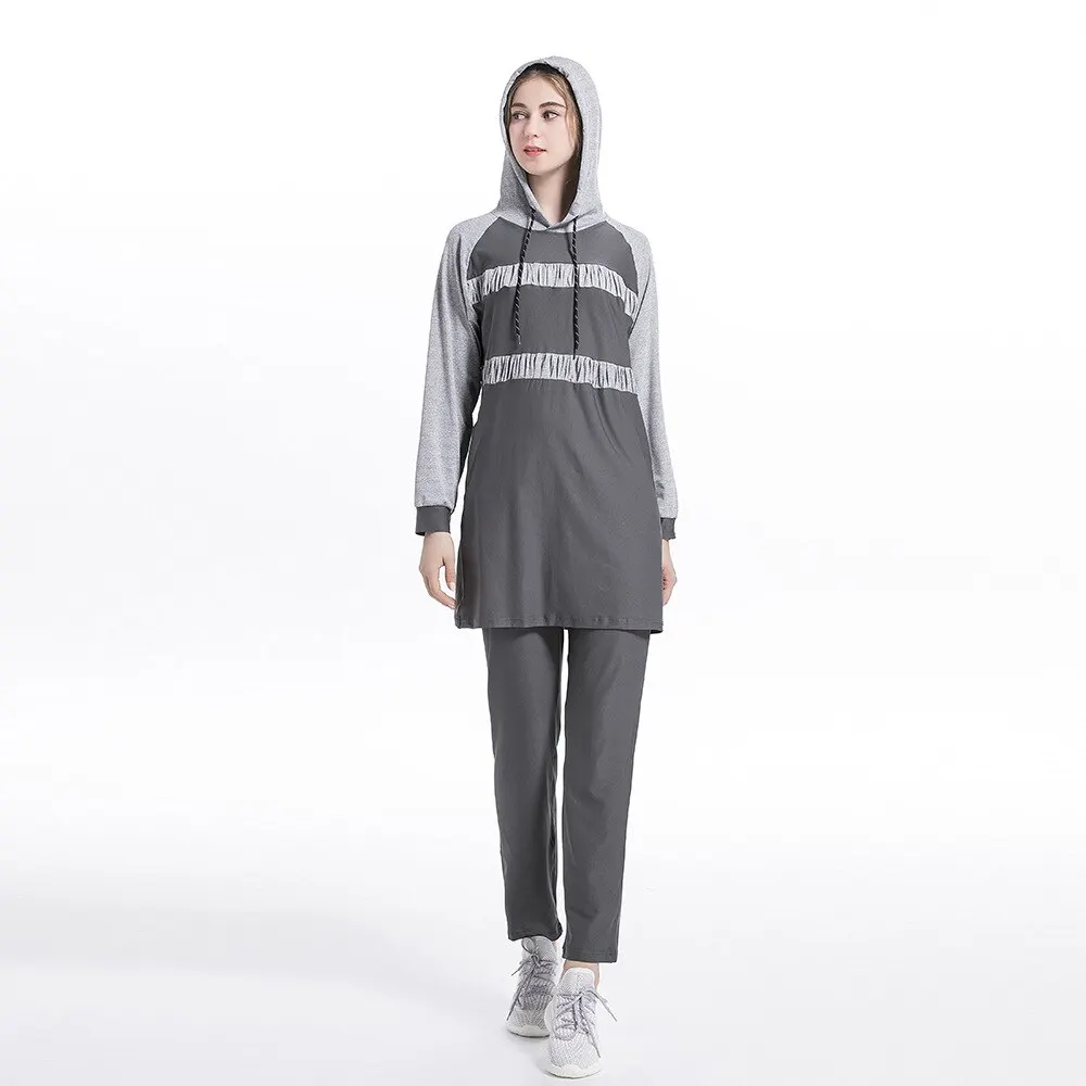 2 piece Block Stripe Casual Arabic Islamic Women Outfit Muslim Hoodie Top Long Pant Sweatsuit Tracksuit Sport wear