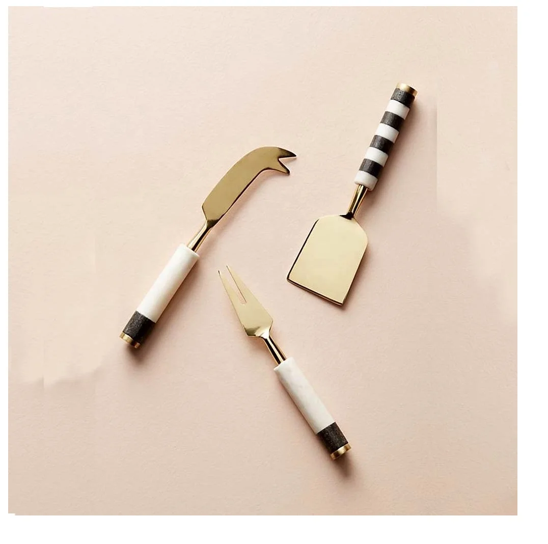 Cheese Set With Gold Plated Handle New Metal Cheese Set of 4 Latest New Flatware In Wholesale Price New Cheese Fork