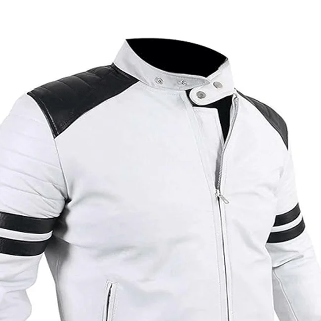 Motorcycle Gear Original Leather Jacket  Men White Biker Jacket with Black Striped Available In All Sizes