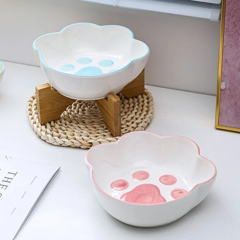 Cute Ceramic Elevated Food and Water Pet Bowl For Dogs and Cats with wooden shelf