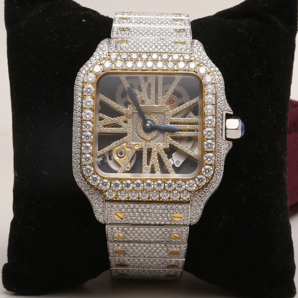 Full Iced Out Bling Tester Passed Mechanical belt Unisex Bezel Silver Transparent Custom Logo with Box Moissanite Diamond Watch