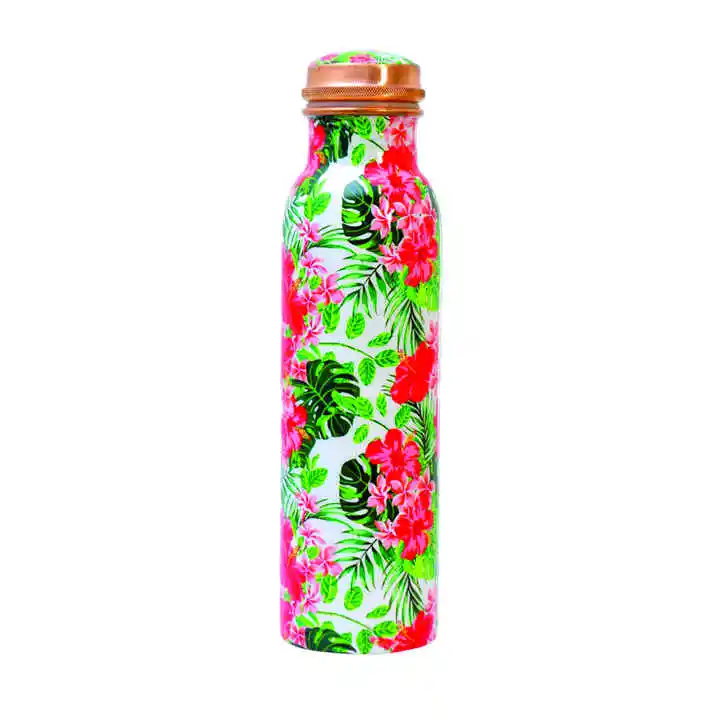 Eco Friendly Flower Printed Water Bottle Top Selling Floral Deign Ayurvedic Copper Water Bottle Trending Factory Supply