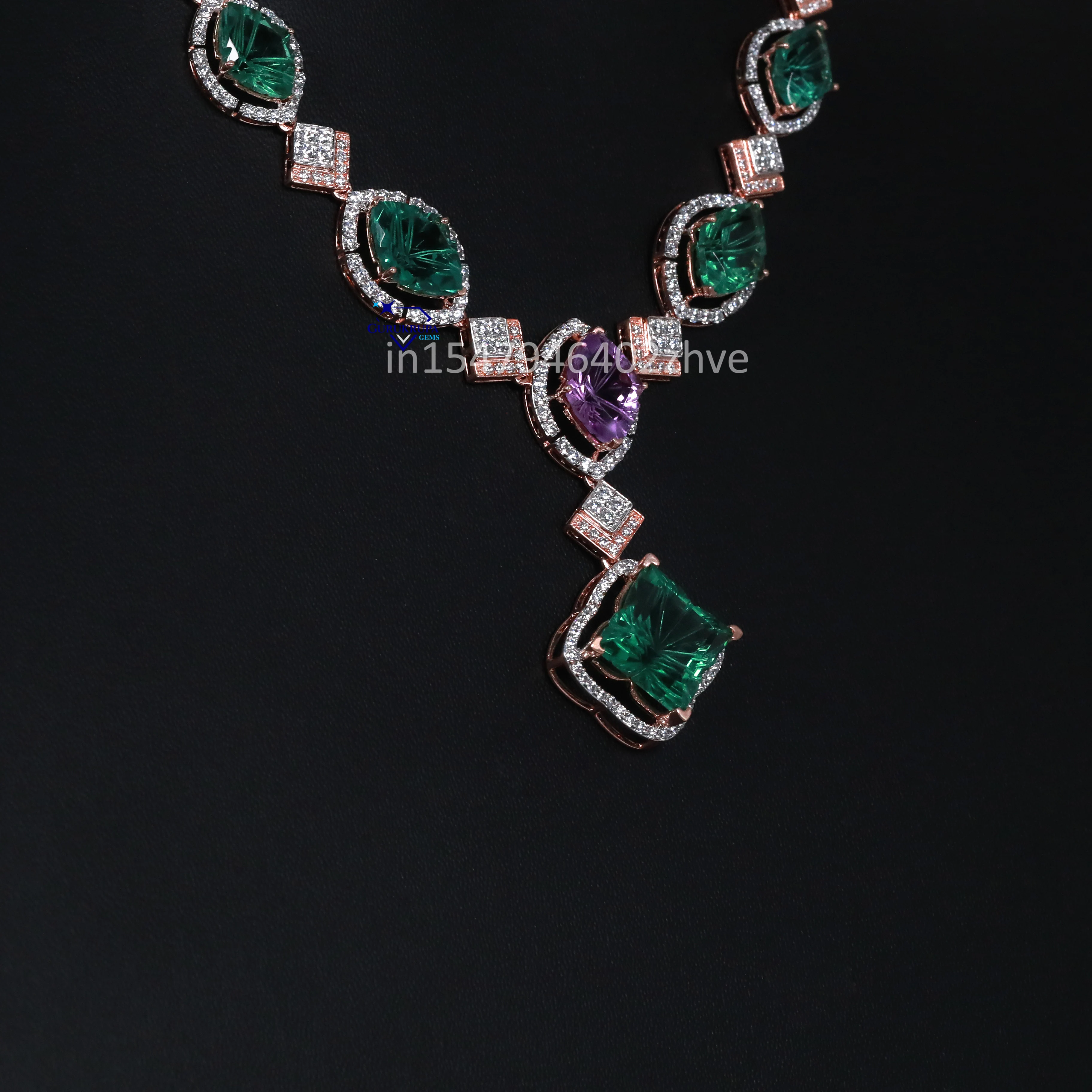 Radiate your elegance with stunning 925 sterling silver lab grown diamond with green and purple gemstone necklace set for women