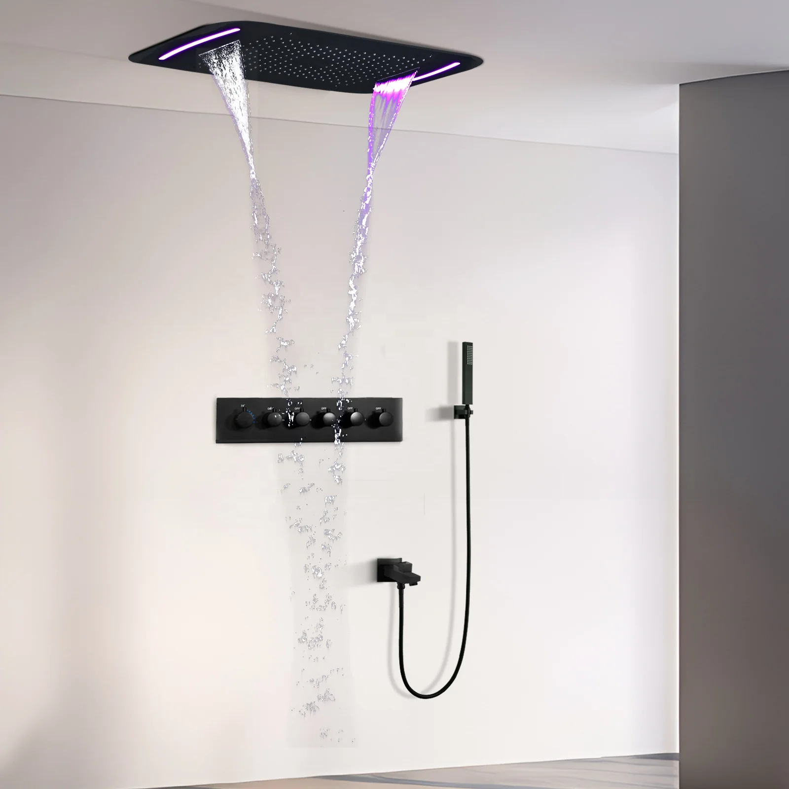Matte Black 710*430 MM Ceiling Concealed Mounted Waterfall Rainfall Mist Water Column LED Shower Set Thermostatic Shower Faucets