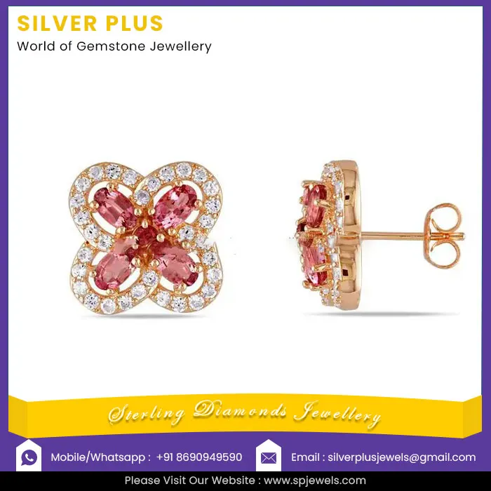 Latest Quality Rose Gold Natural Diamond Pink Tourmaline Gemstone Stud Earrings From India