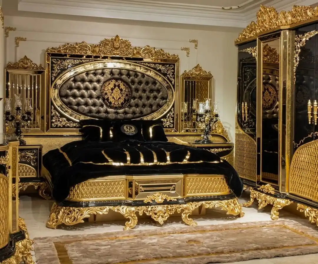 Turkish Middle East Eastern Luxury Antique Royal Hand Carved Bed Room Furniture Set Five Pieces Black Gold African American (1600620220796)