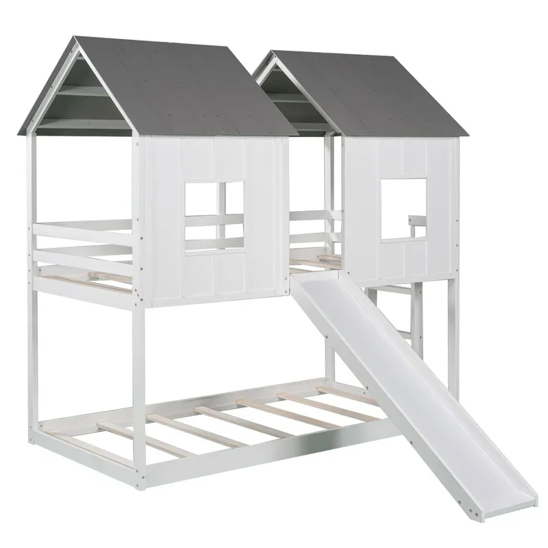 GOODFRIENDSHIP Double Roof Bed with Slide, Twin Over Twin Bunk Bed with Windows and Roof, Ladder and Guardrails