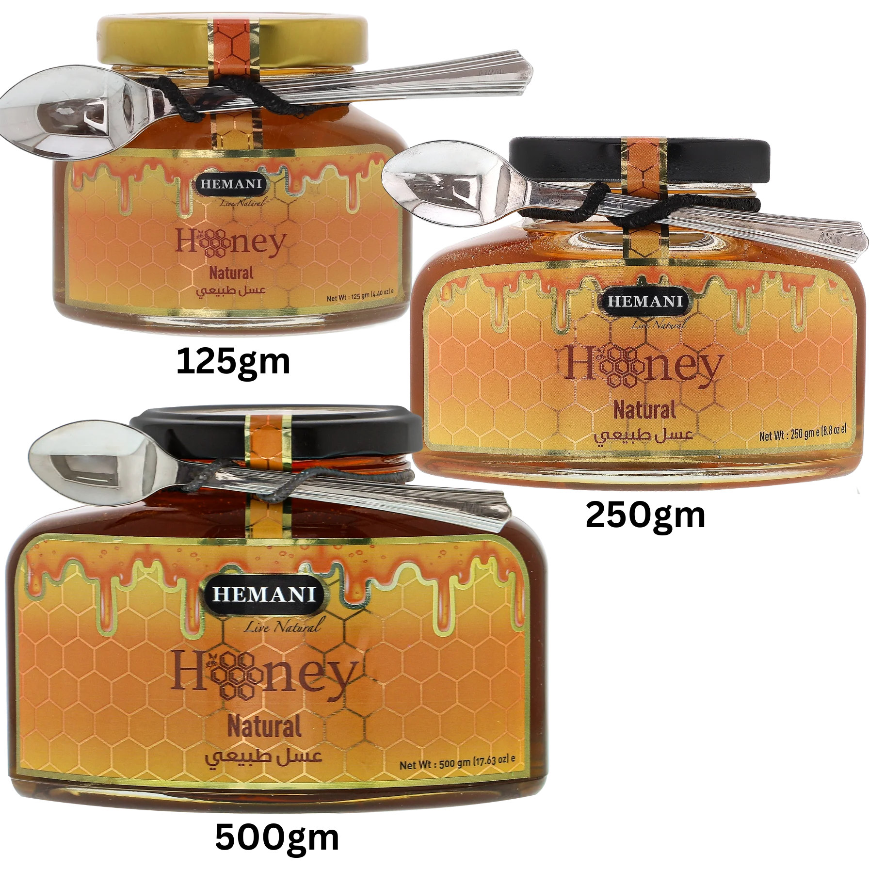 100% Pure High Quality HEMANI Natural Bee Honey & with Ginseng/Blackseed/Ginger/Saffron 125g/250g/500g Premium Glass Bottle Jar