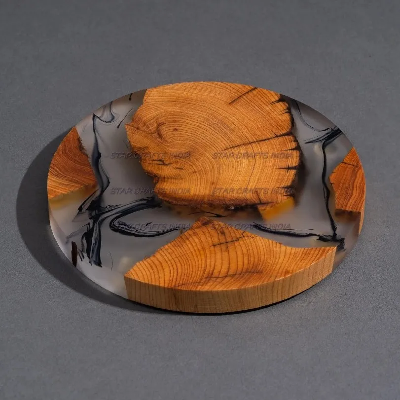 New Design Custom Logo Wood And Resin Round Shape Blue and white Color Zig zag Design Coasters Set Manufacturer Unique Quality