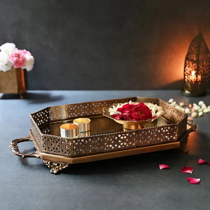 Brass Rectangular Mirror Tray  Serving Bowl Luxury Tabletop Enamel Metal Craft Multi-Purpose Plate/Dish/Tray