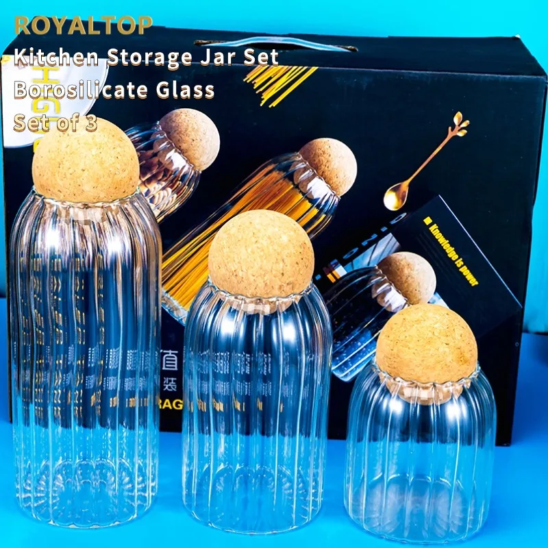 Home & Kitchen Food Storage Bottle Jar Set Round Big Borosilicate Glass Spice Container Jars with Cork Lid