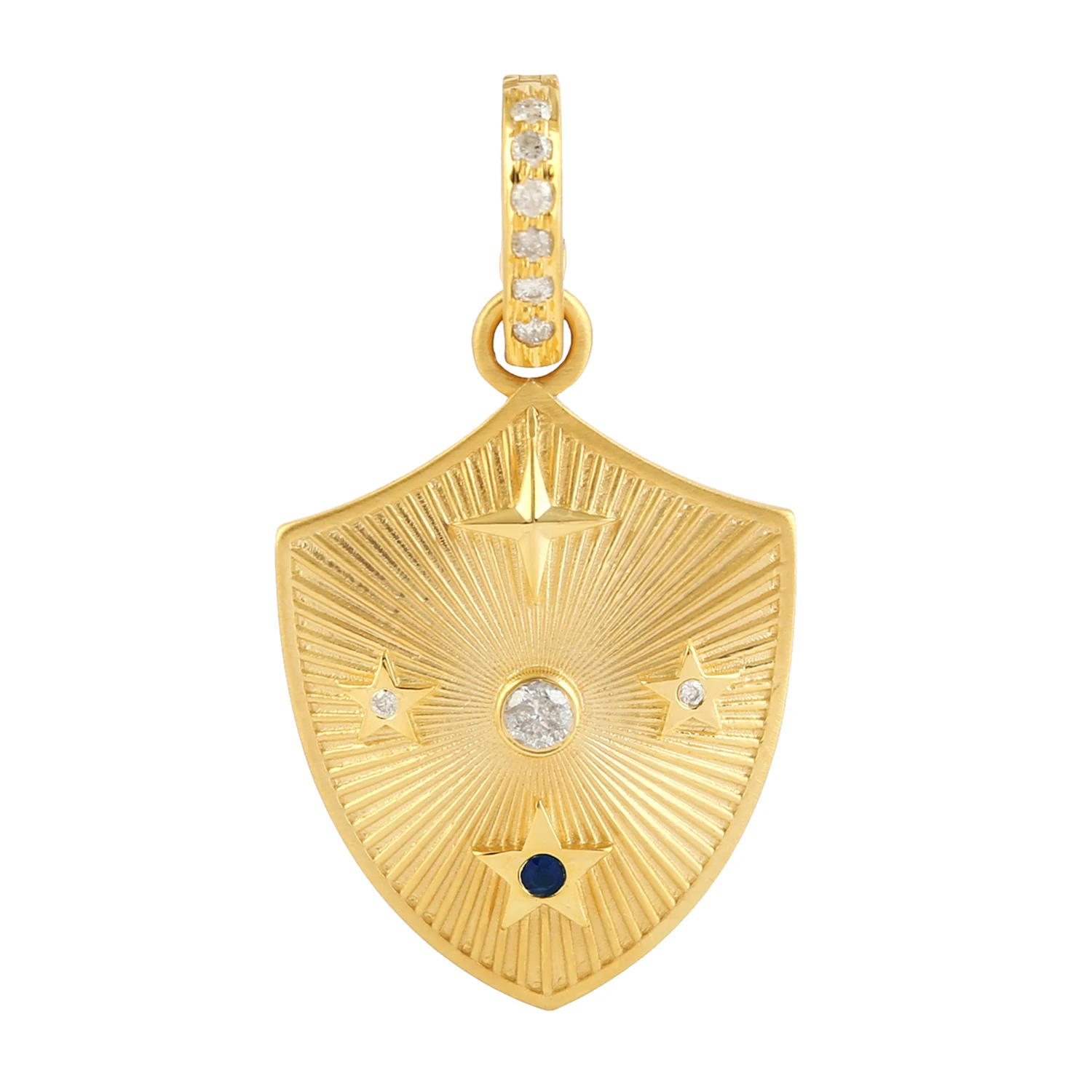 14k Yellow Gold Diamond Sapphire Shield With Star Pendent Handmade Fine Women Jewelry Diamond Necklaces For Women