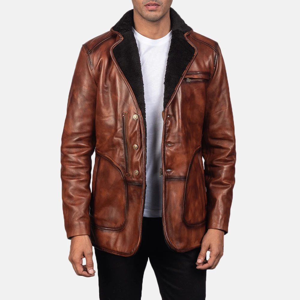 OEM Fashion Leather jacket long/Two tone brown distressed leather jacket for men/Fur decoration genuine waxed leather jacket