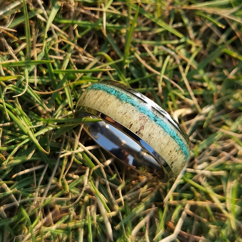 mens Jewelry rings Turquoise Man Ring Manufacturer Custom Stainless Steel Titanium Black zirconium Inlaid antlers classic men