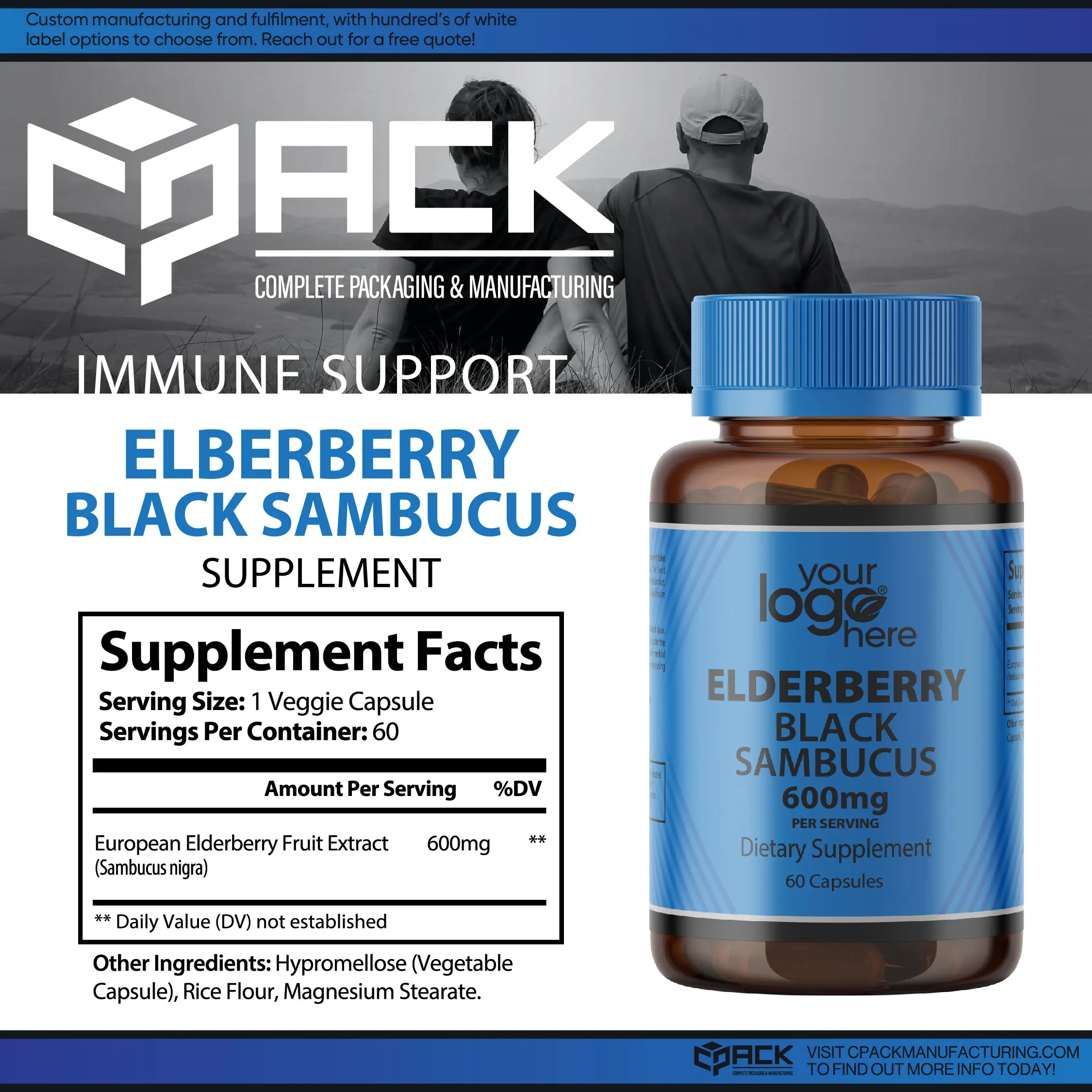 High Antioxidant Black Elderberry Extract Hard Capsules Immune Support Healthcare Supplement Adults Calcium Iron Zinc Selenium
