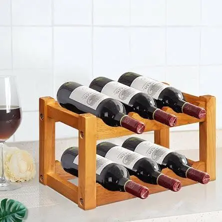 Vintage 6 Bottle 2 Tier Mango Wood Wine Rack Countertop Cabinet Wine Holder for Party or Wedding