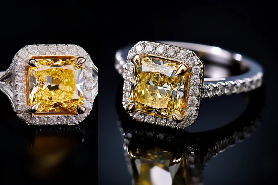 MEDBOO Fine Moissanite Jewelry Classic Halo Ring 14K White Gold 3CT Princess Cut Yellow Moissanite Engagement Wedding Ring