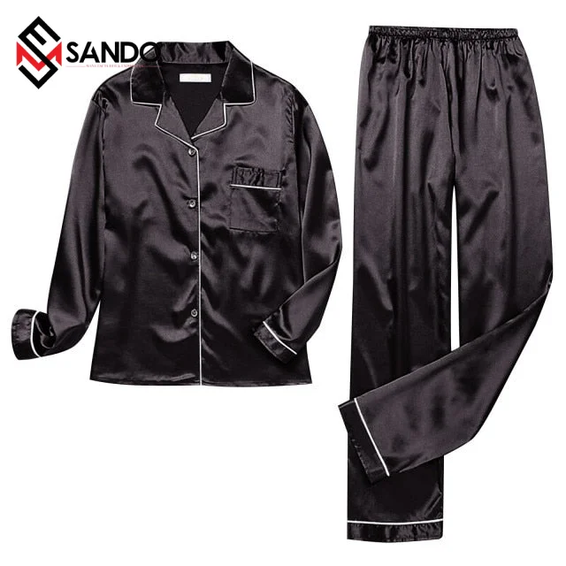 OEM design customized Pajamas Silk Satin Sleepwear Long Sleeve Top And Trouser for men and women