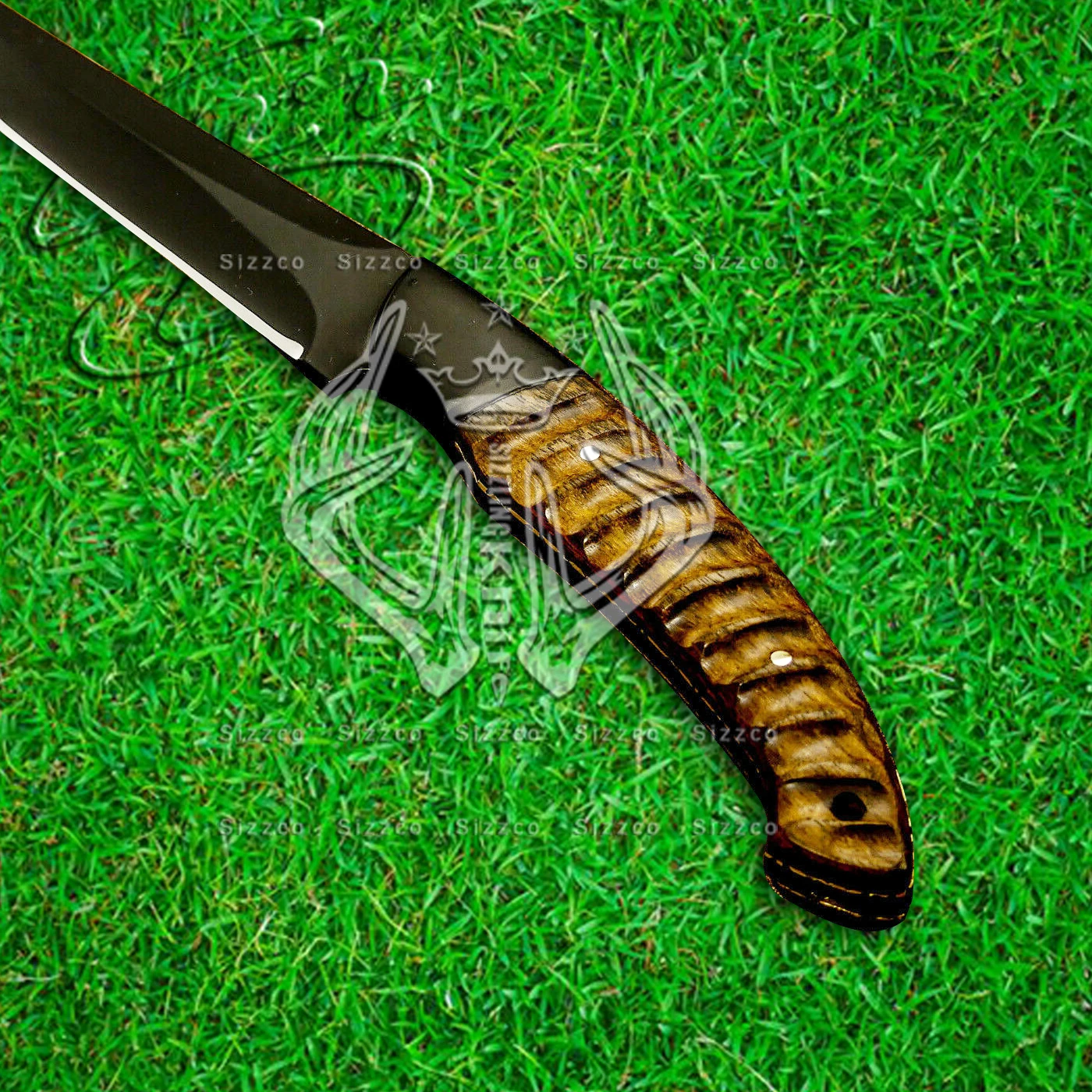 High Quality Custom Black Powder Coated D2 Steel Kitchen Fillet Knife Handle Burl Wood, Leather Sheath, Smooth Cutting