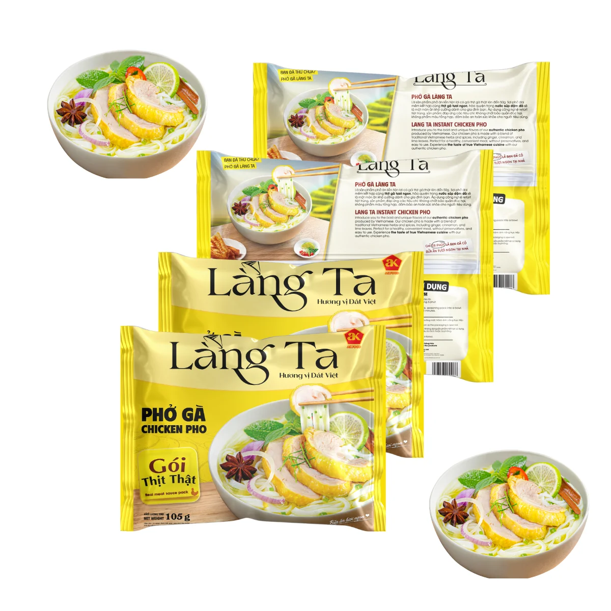 Instant Chicken Pho Rice Noodles 105G Convenient Meal Real Chicken Sauce ISO HACCP OEM Vietnam Factory Asian Food Bag Packaging
