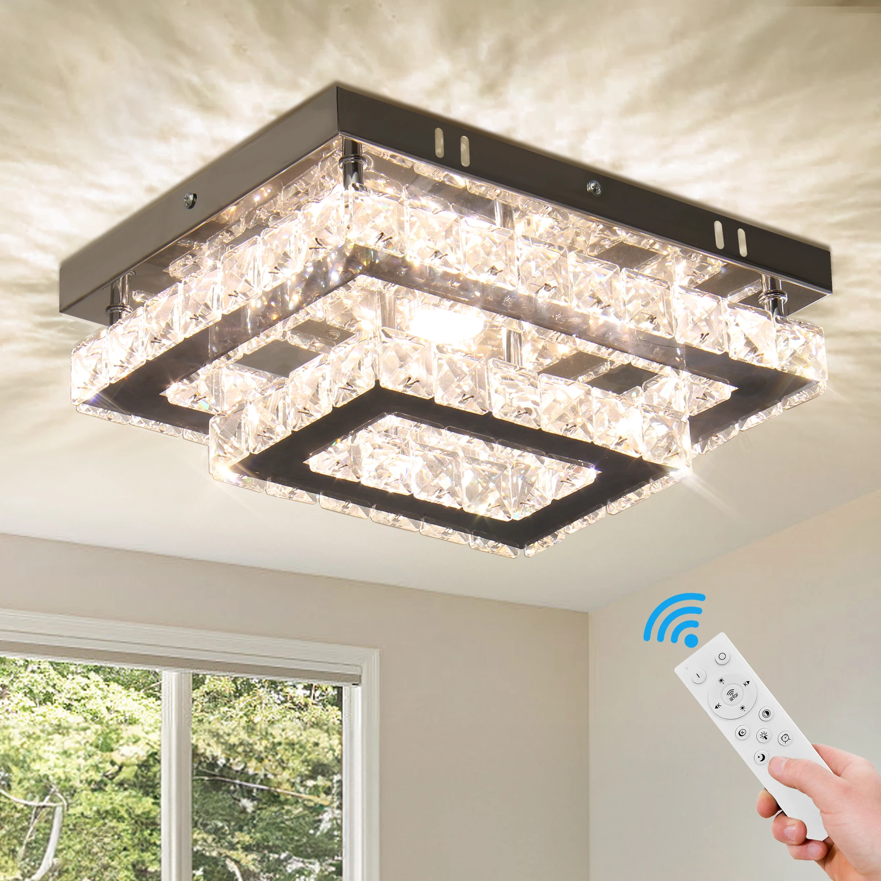 Dimmable Rectangular LED Crystal Ceiling Light  Double Layer Flush Mount Chandelier lamp Fixtures for Living Room Dining Room