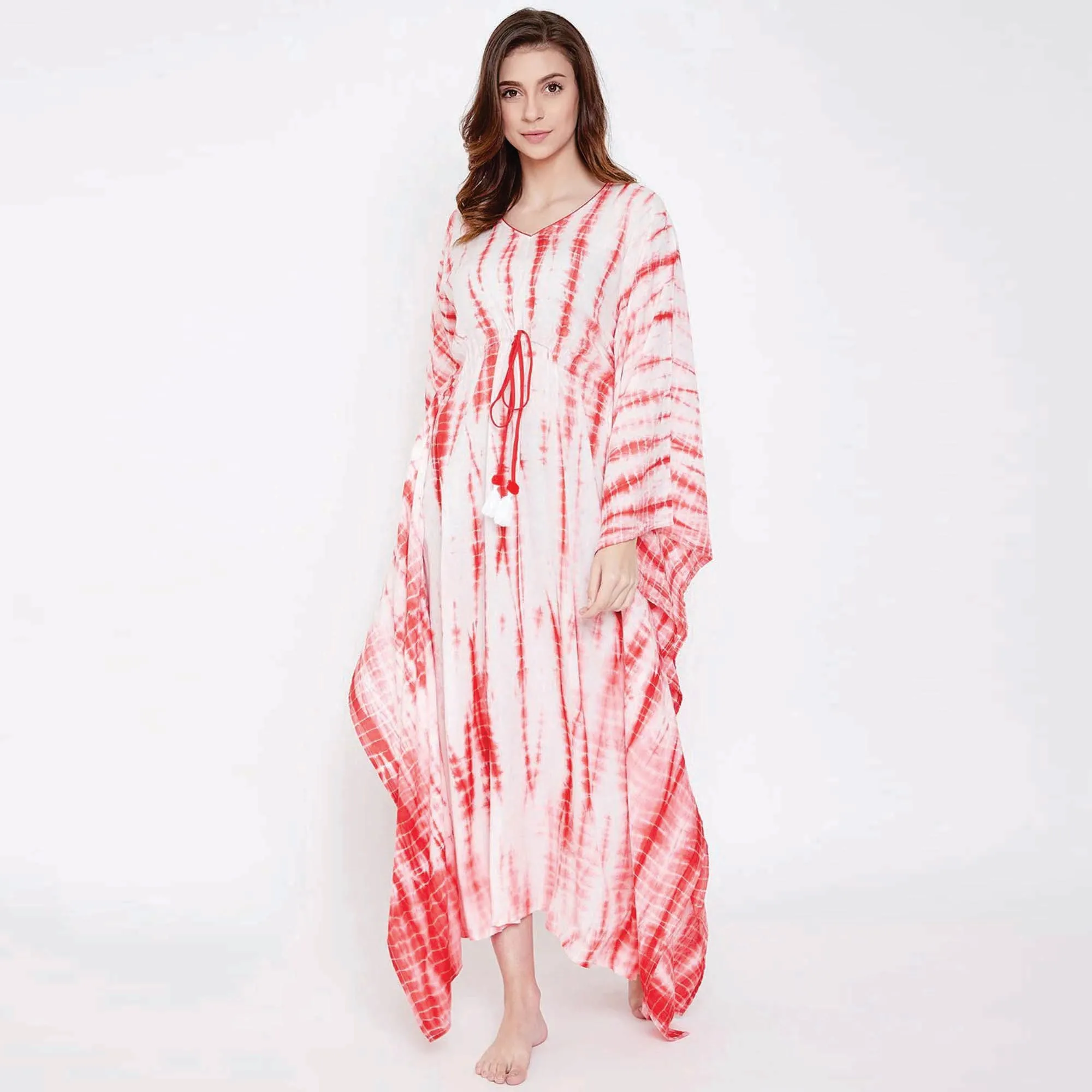 Slim Custom Manufacture Fit 100% Modal Round Neck Short Extended Sleeves Candy Red Shibori Tie-Dye Kaftan