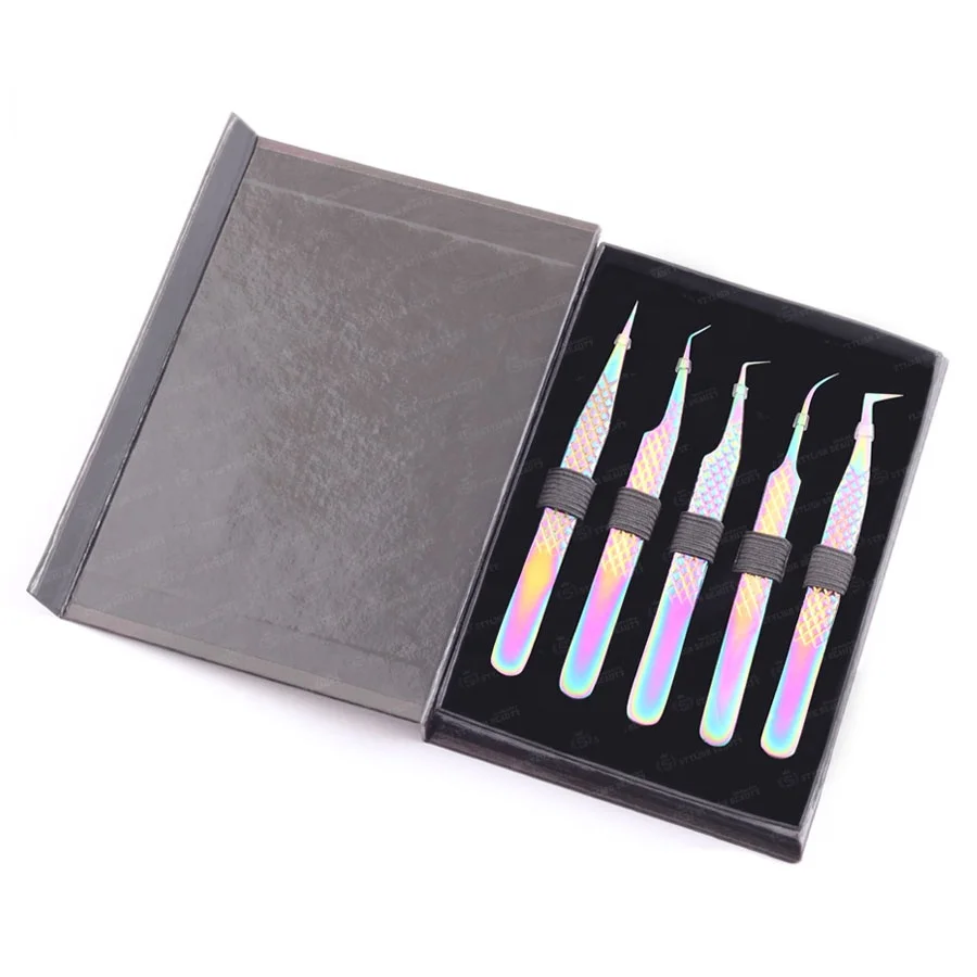 Lash Extension Tweezers Bulk Volume Eyelash Tweezers Plasma Black With Matching 5 Pieces Box Packing Custom logo