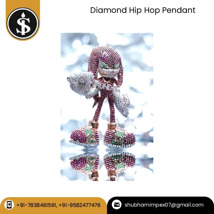 CVD HPHT Diamonds Gold Hip Hop Pendant with Knuckles in Red Rubies/ Green Emeralds At Competitive Market Price