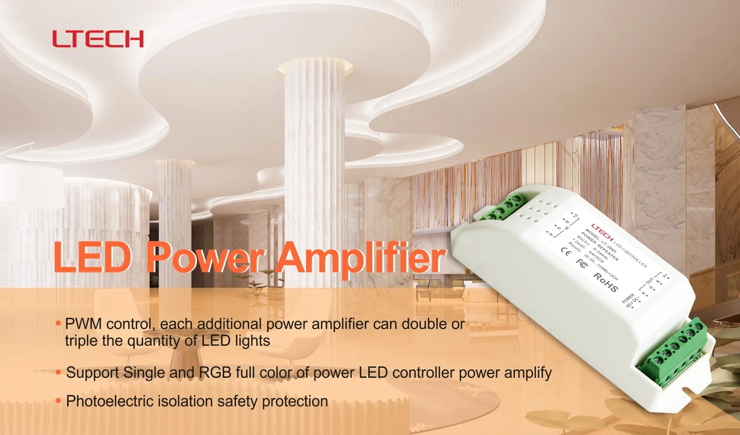 LTECH LT-3060-8A 5 to 24V 3CH*8A Power Repeater RGB PWM Power Amplifier 3 channels Constant Voltage Power Repeater