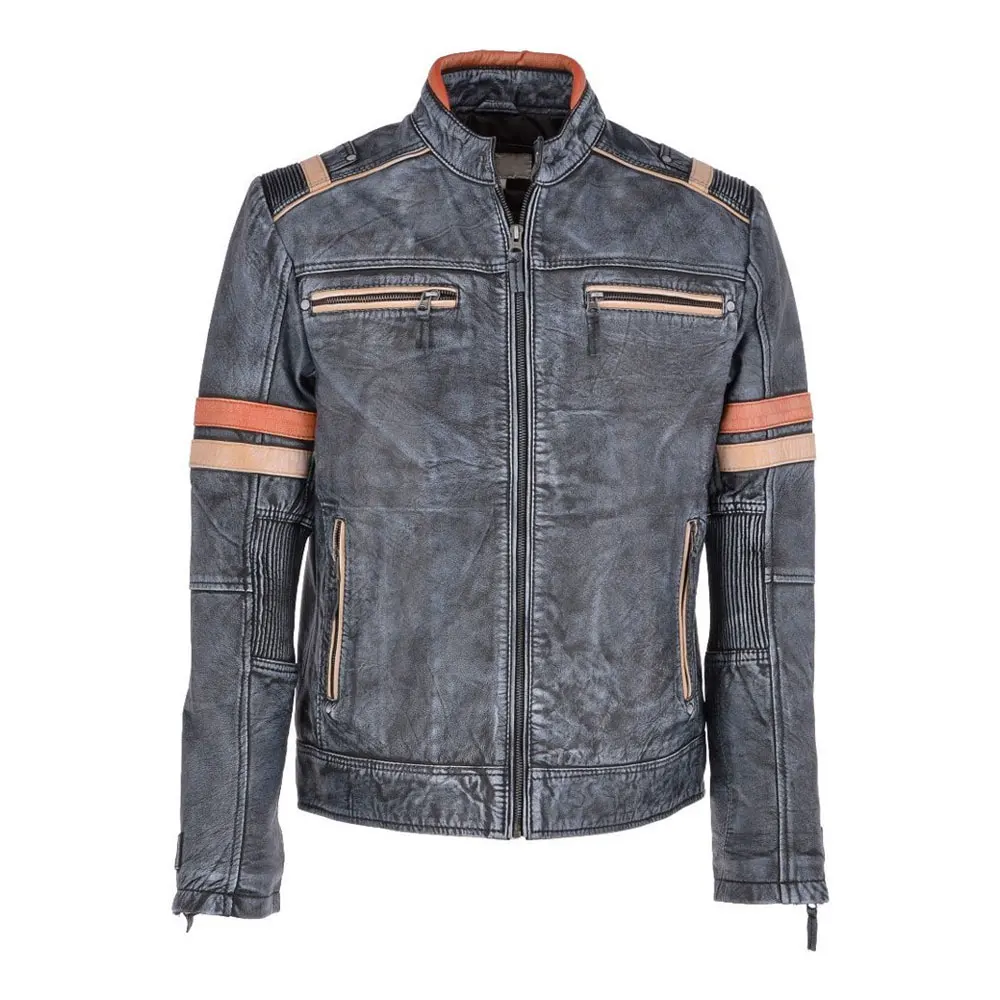 Classic Vintage Style Blue Black Jaxon Leather Biker Jacket - Timeless Fashion for Men Vintage leather jacket