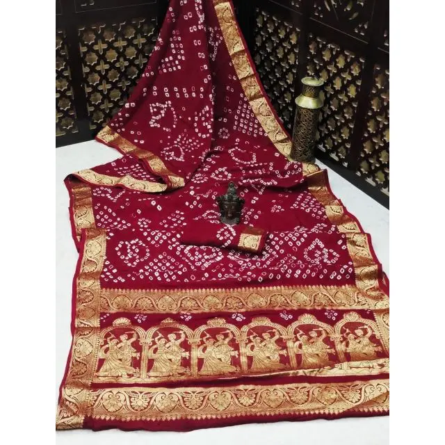 Трендовый индийский традиционный наряд чистый Шелковый Сари Bandhej с плетением Zari большая широкая окантовка и палла женская одежда оптом