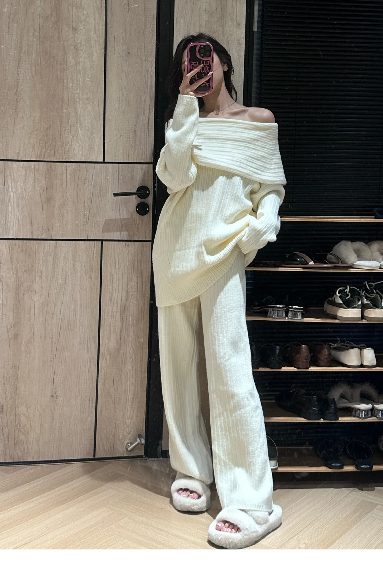 New 2024 classic off-shoulder sweater casual wide-leg pants two-piece suit sweater sets outwear ladies warm knitted set