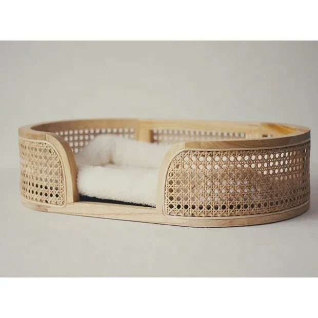 Hot Sale Factory Direct Price Wooden Dog Bed with Rattan Luxury Good Quality OEM Accepted Custom Logo from Vietnam Manufacturer