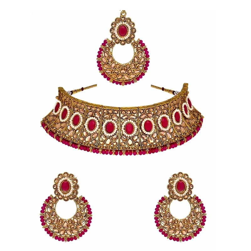 Premium Quality Traditional Choker Necklace Set in Gold finish Dark Pink Artificial Stone Indian Choker Fashion Jewelry Necklace