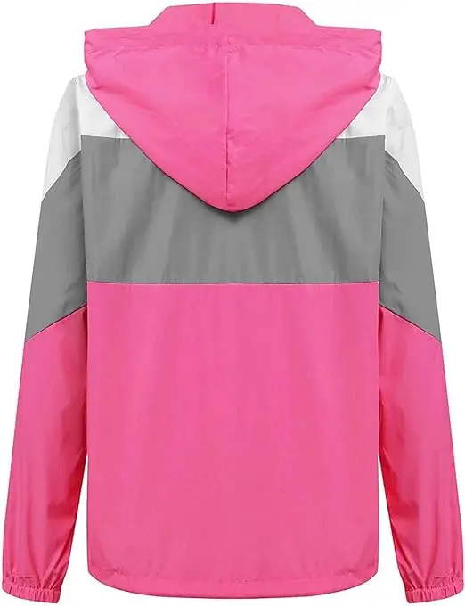 Windbreaker Hoodie Jacket Coat for Womens Fashion Track Anorak Ripstop Breathable Quick Dry Cotton Lining Patchwork Packable