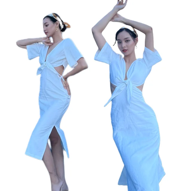 Midi Dresses Cotton Linen Price Dress For Woman Cut Out At Waist  Easy To Wear Customized Packaging Vietnam Manufacturer
