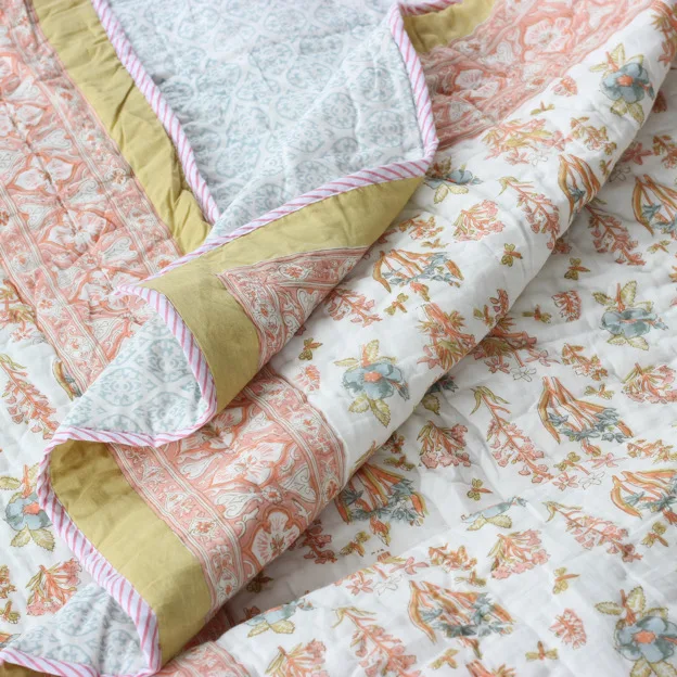 Jaipuri Handmade Quilt Indian Hand Block Printed Reversible Razai Cotton Voile Handmade Quilt Patch Work Quilt