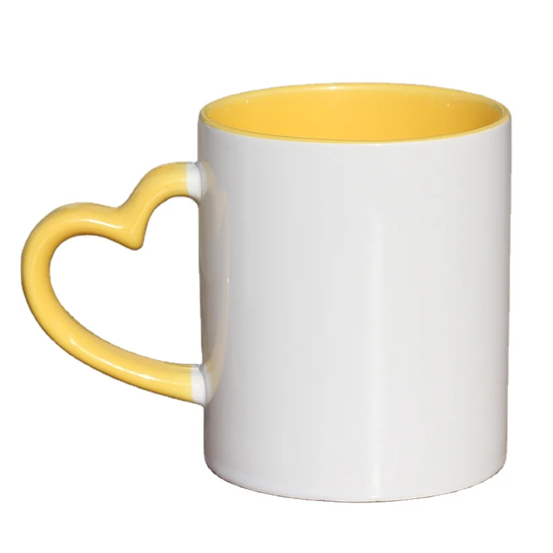 China Heat Transfer Blank Inner Color Coating Coffee Travel Sublimation Custom Ceramic Mug With Heart Handle