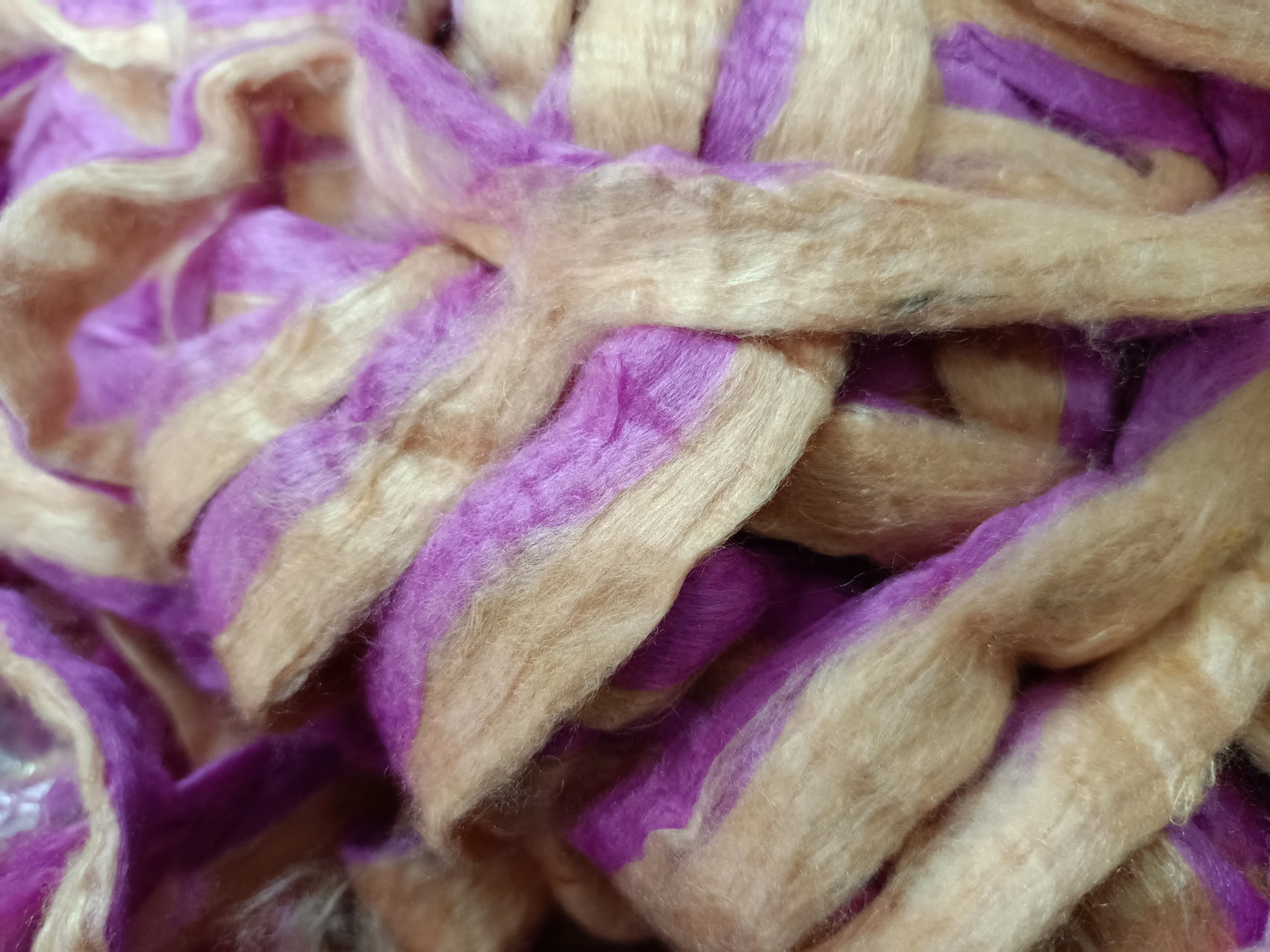 custom made sari silk sliver in two tone shades of purple and cream ideal for yarn and fiber stores suitable for felting