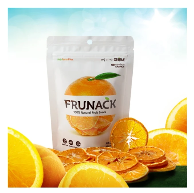 FRUNACK JEJU MANDARIN ORANGE that is a premium dried fruit snack capturing fresh taste,flavor,and texture of 100% Jeju mandarin