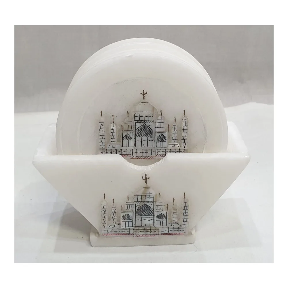 Best Seller of  White Marble Taj Mahal Inlay Work Coaster Set For Office Living Room And Table