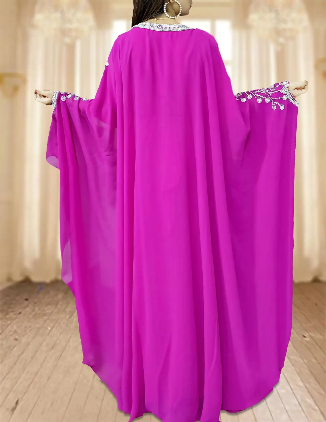 Dubai Arabic Evening Dresses Beaded Long Sleeve Moroccan Kaftan Evening Gown Muslim Dresses