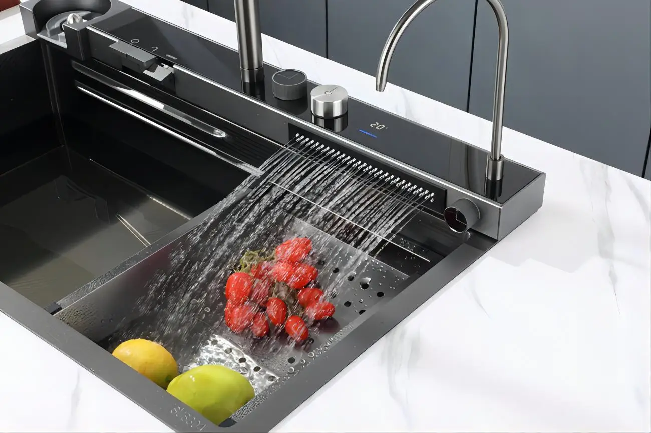 75 cm Sink Flying rain Waterfall Sink Household Dishwasher Basin Workstation stainless steel Kitchen Sink with Pull Out tap