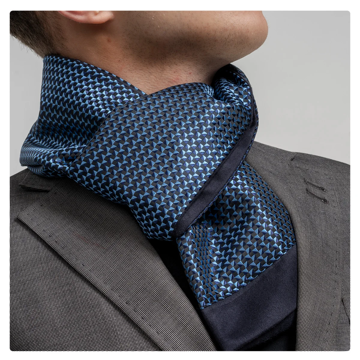 Sky Blue Navy Triangle Jacquard and Paisley Designer Made Man Made Silk Scarf Ready Stock Double Trend New Season