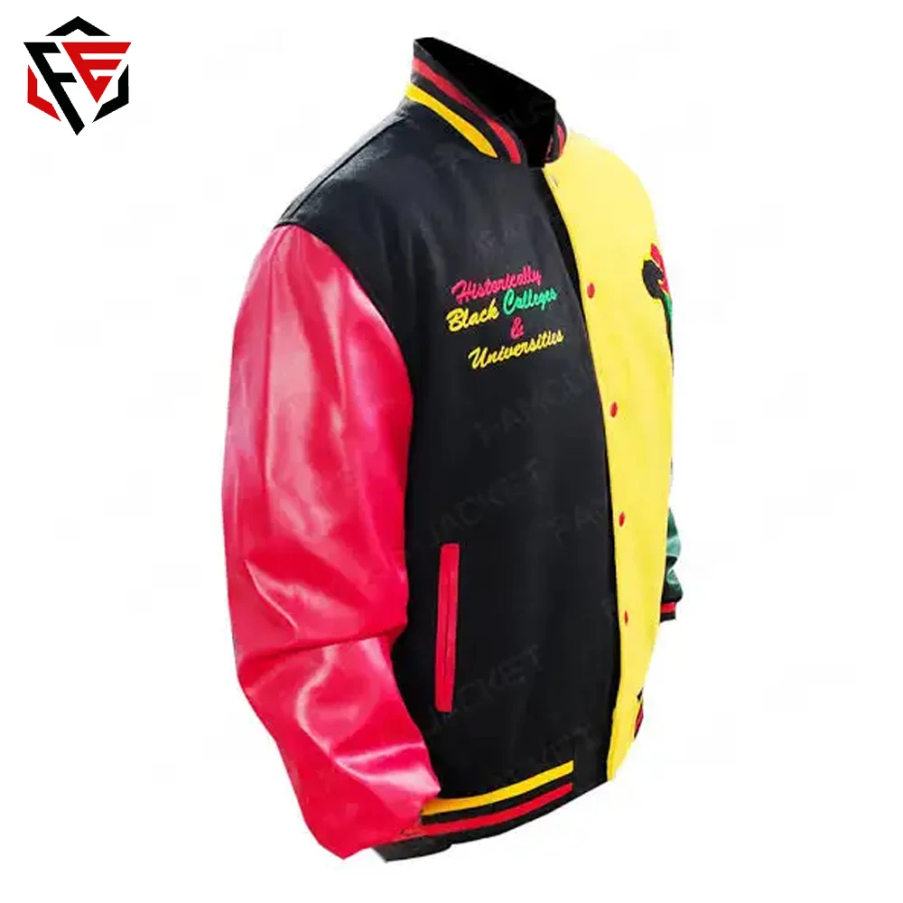 Custom Made Varsity Jacket Yellow Red Sleeves Black Body Letterman Varsity Jacket with Custom Logos Lamb Skin Leather