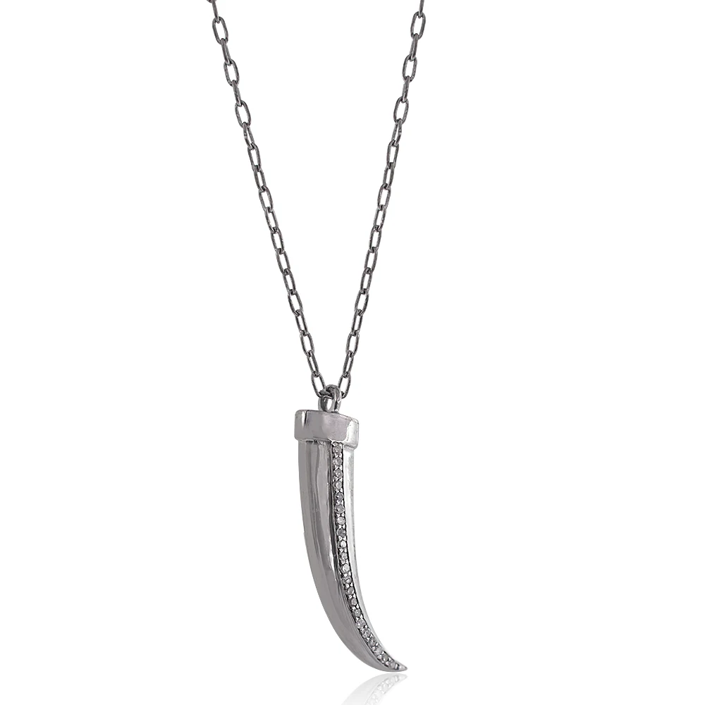 Designer Horn Charm 925 Silver Chain Pendant Necklace Long Chain Handmade Oxidized Jewelry