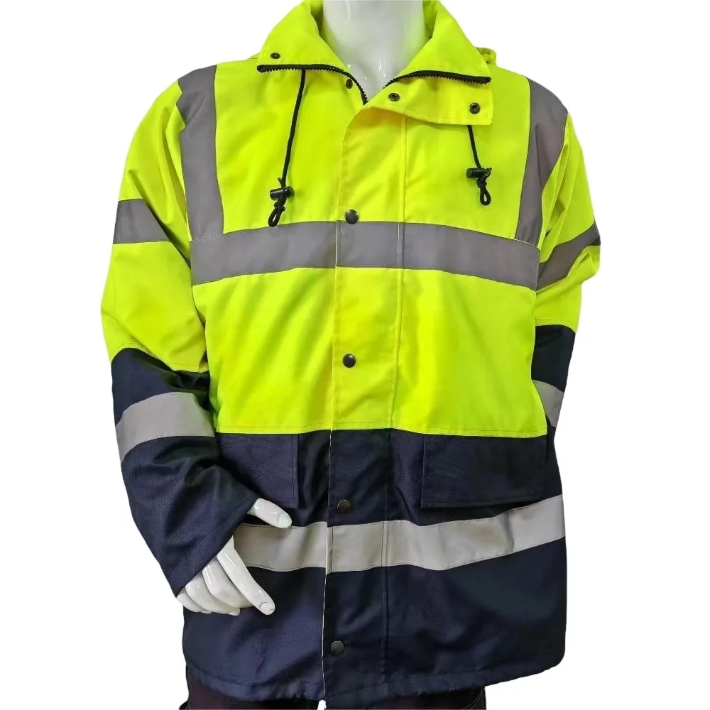 Hi Vis Workwear Security Safety Fluorescent Hooded Padded Waterproof Workwear Jacket